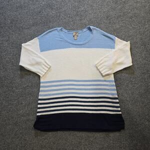 Chicos Sweater Womens Medium Blue Striped Linen Blend Long Sleeve Casual Coastal